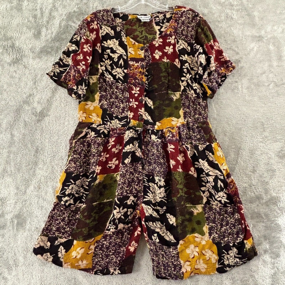 Vintage Jane Ashley Patchwork Short Romper Womens‎ M Floral Rayon Flowy Boho
